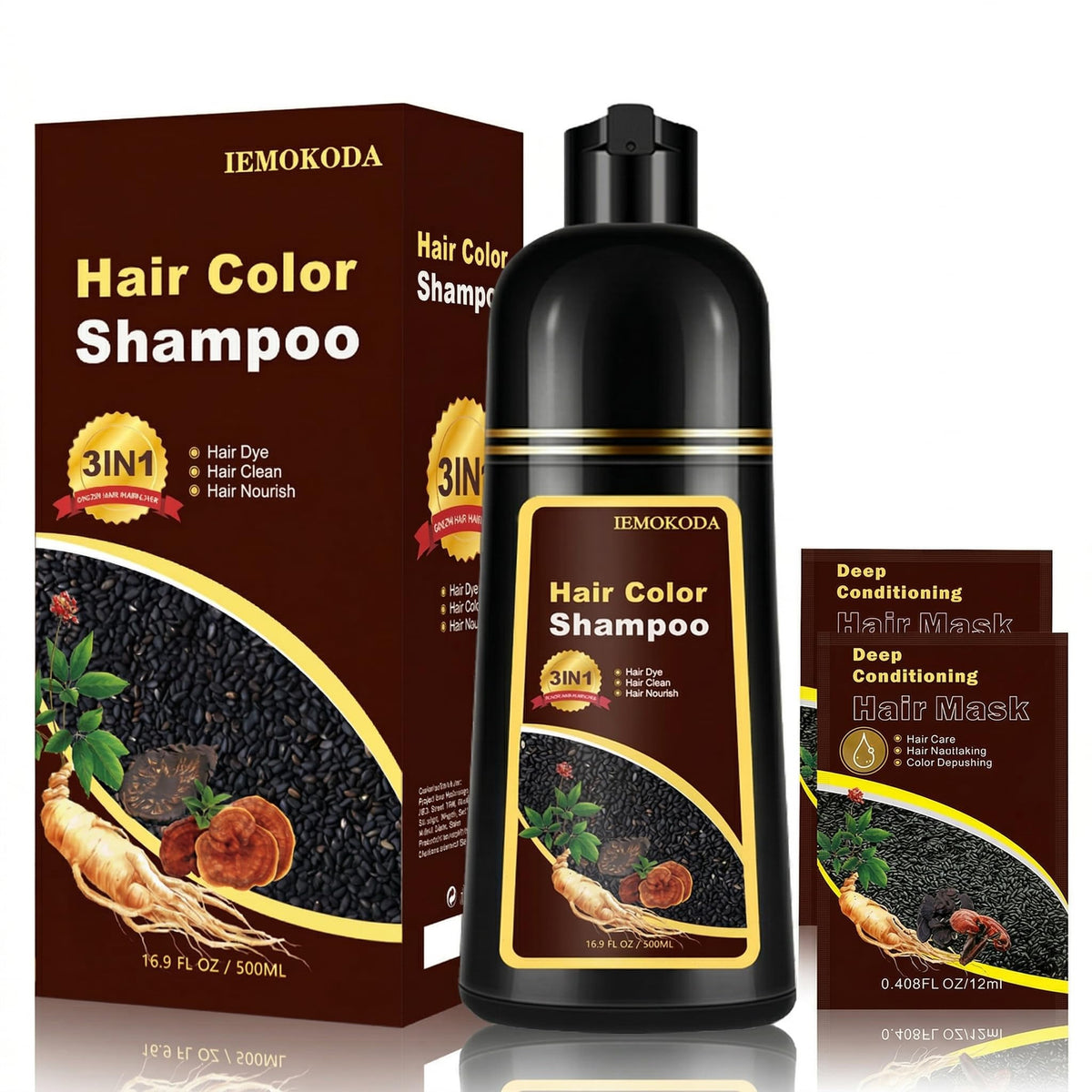 Fvquhvo front packaging showing dark brown shampoo benefits