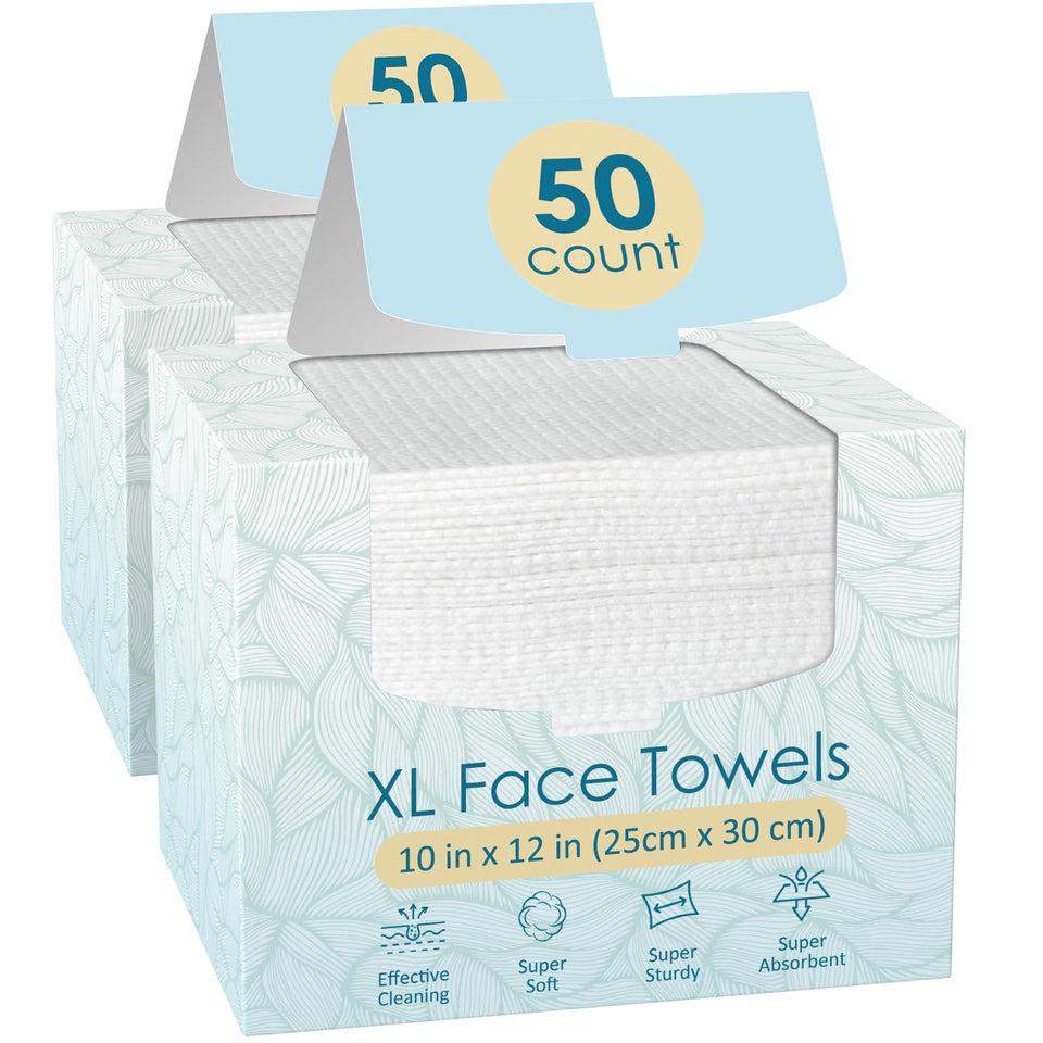 FYGRIP front packaging showing 2-pack of 50 XL disposable face towels for convenience