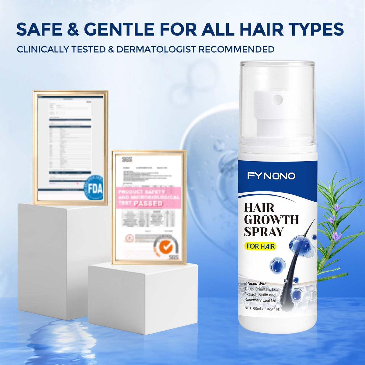 FYNONO label and ingredients panel displaying biotin and rosemary oil benefits