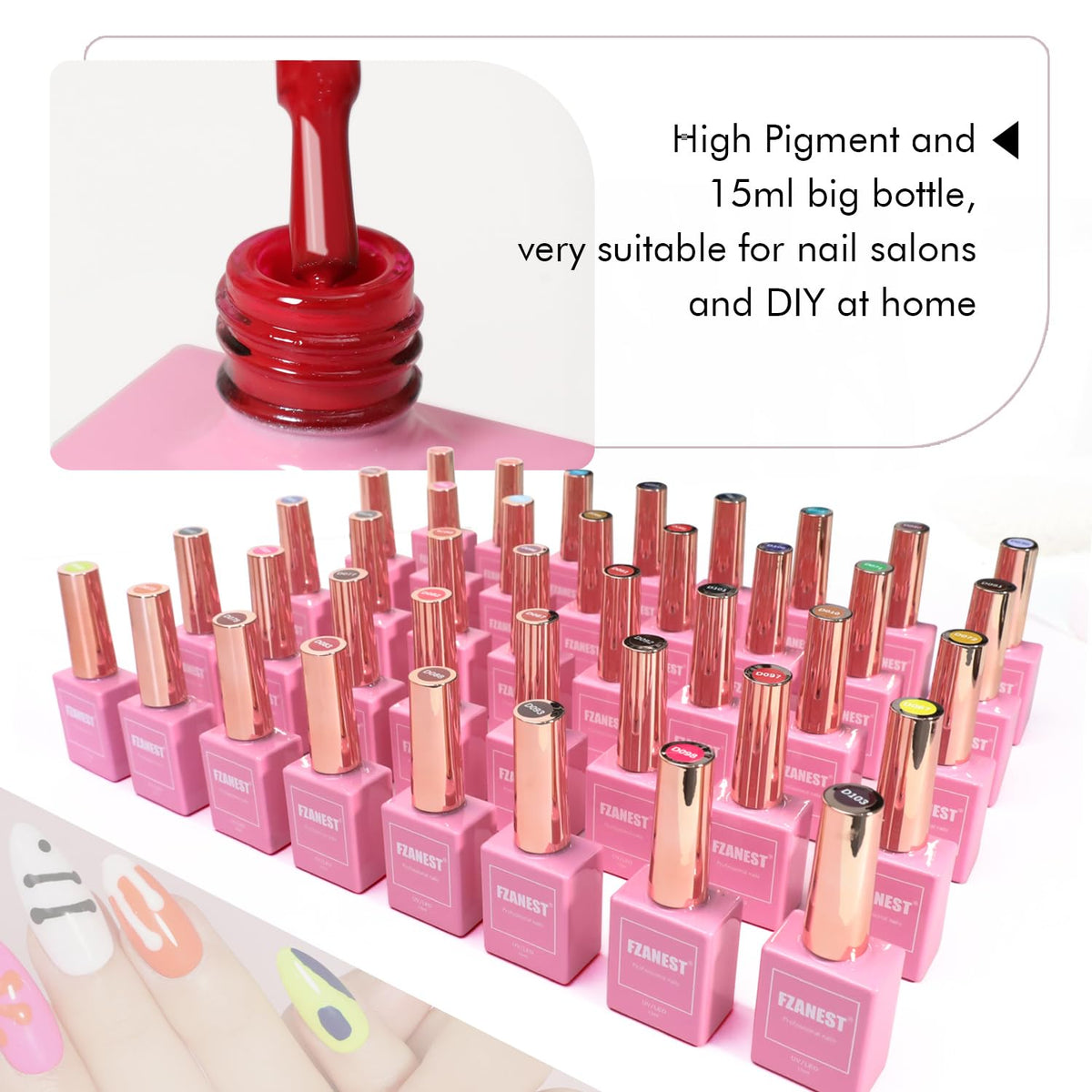 FZANEST rubber base and top coat bottles grouped to show adhesion and long wear
