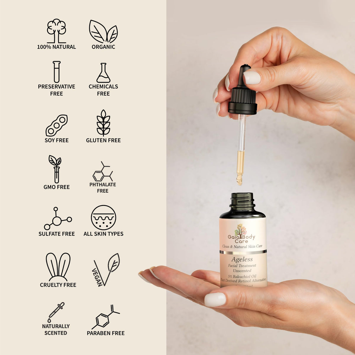 Gaia Body Care dropper dispensing bakuchiol oil for precise application