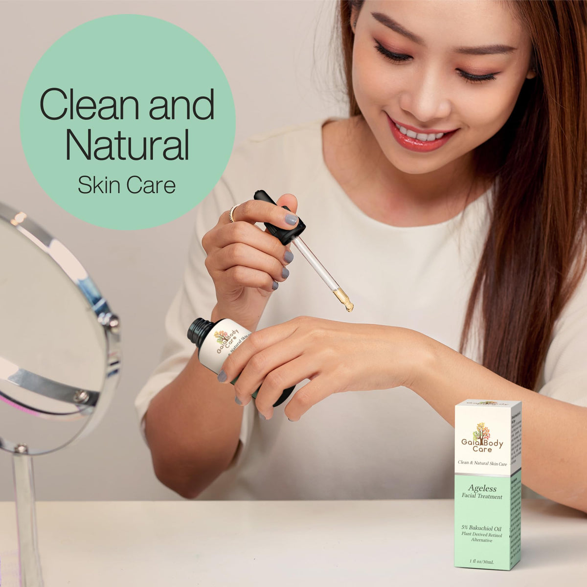 Gaia Body Care oil being applied to cheek showing daily routine ease