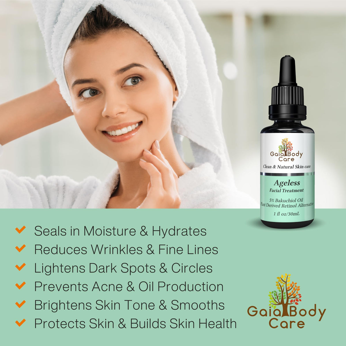 Gaia Body Care 1oz bottle beside a coin for size and travel-friendly benefit