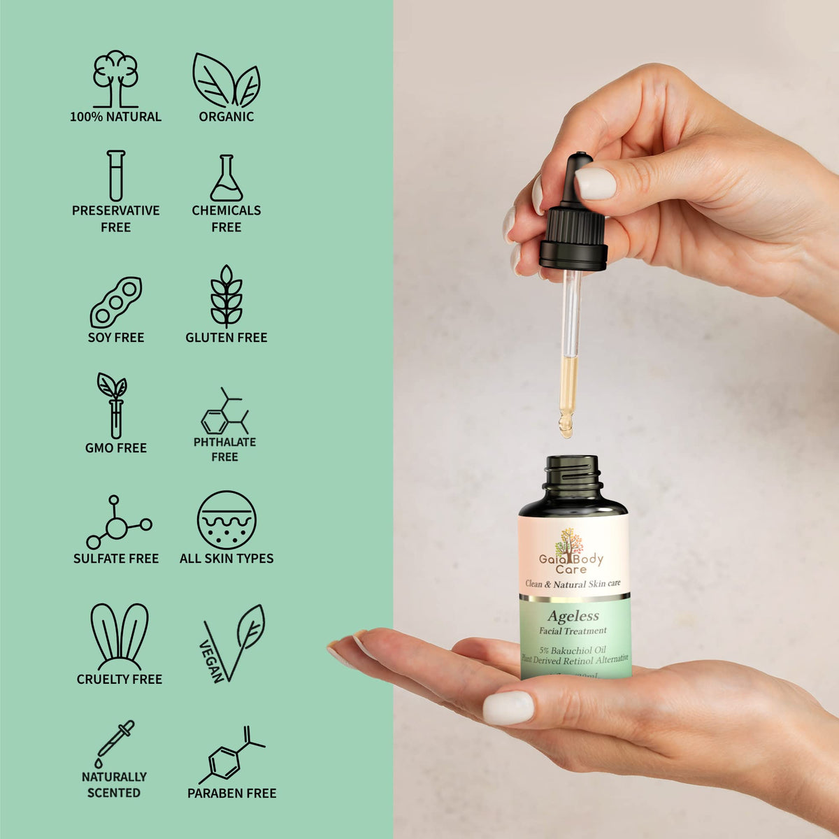 Gaia Body Care oil drop on skin showing smooth texture and hydration