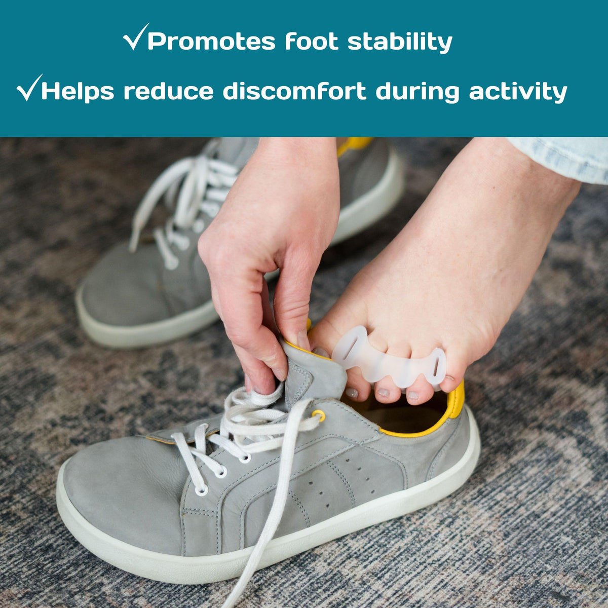 Gait Happens toe spacers on foot demonstrating improved toe separation