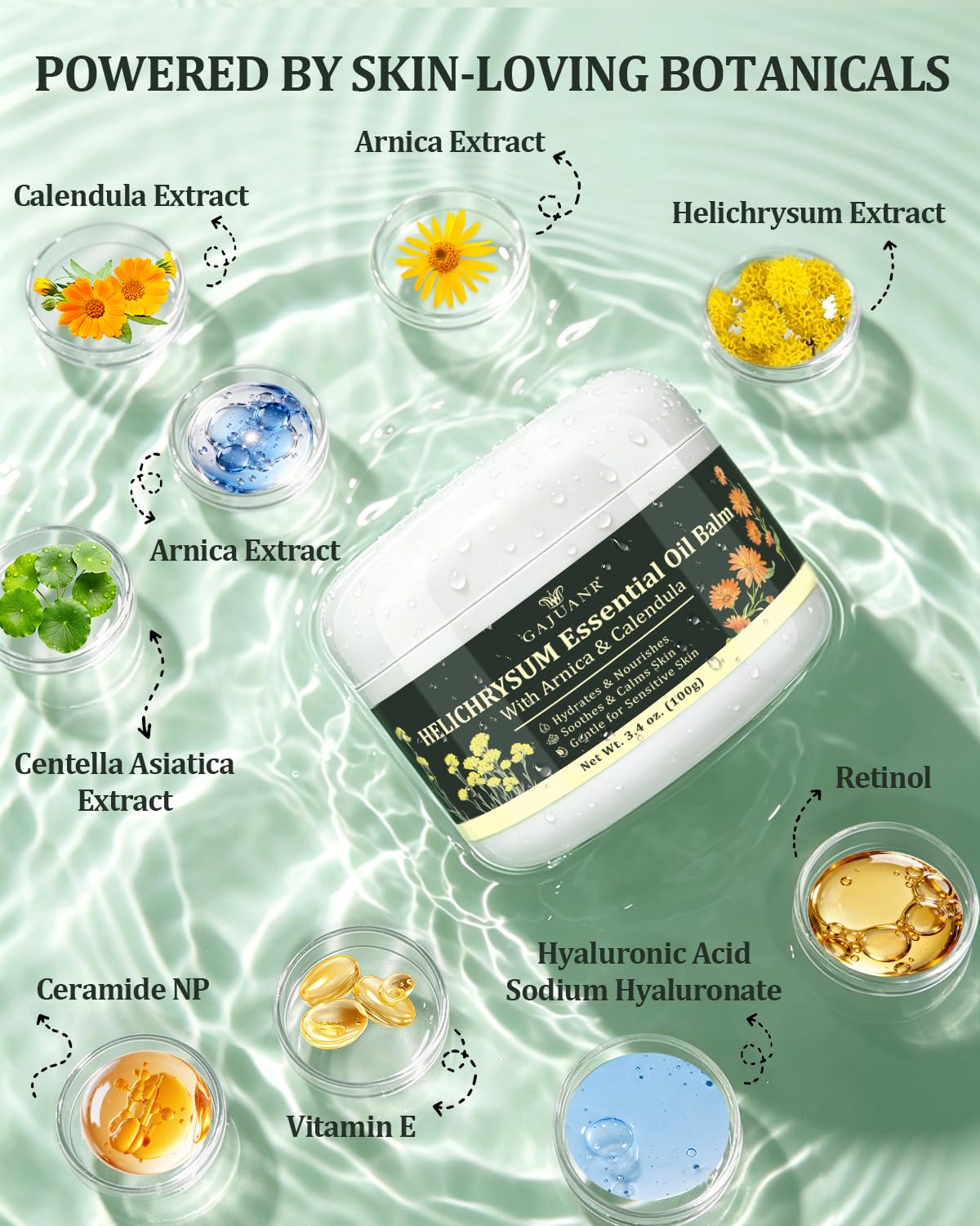 GAJUANR ingredients display with arnica and helichrysum emphasizing natural soothing benefits
