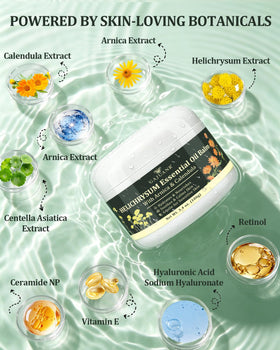GAJUANR ingredients display with arnica and helichrysum emphasizing natural soothing benefits