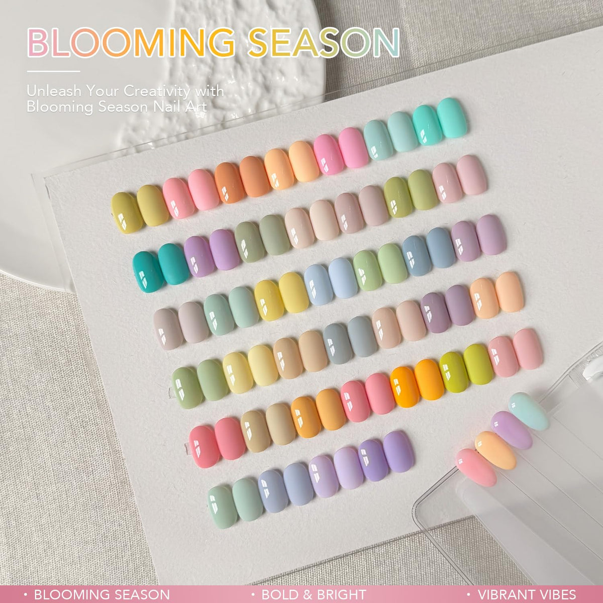 GAOY close-up of bottles and pastel color swatches showing shade range