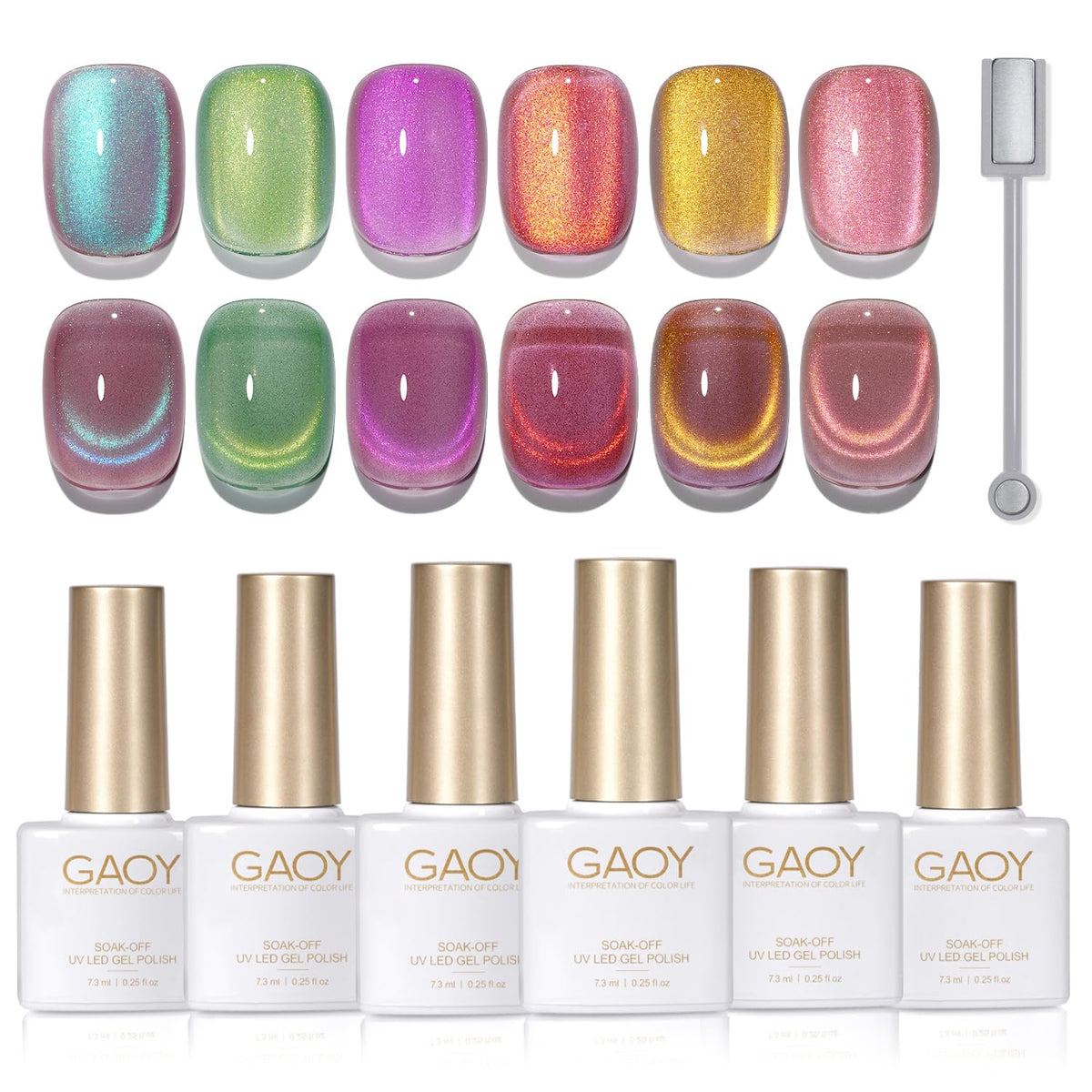 GAOY front packaging showing six glitter cat eye gels and magnet, clear kit benefit