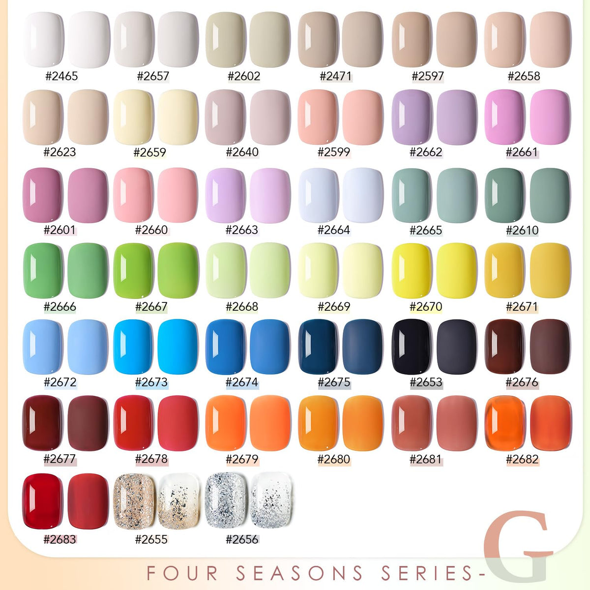 GAOY color array flatlay of 39 shades displaying seasonal variety and mixing potential