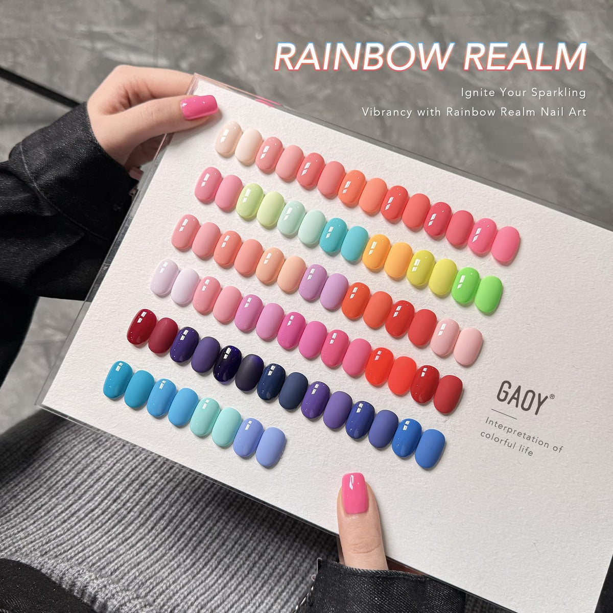 GAOY color array top view displaying 39 neon and classic gel shades for creative choice