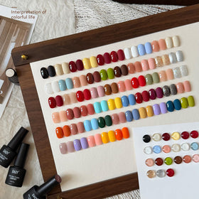 GAOY color palette spread displaying 55 seasonal gel shades for diverse manicure options