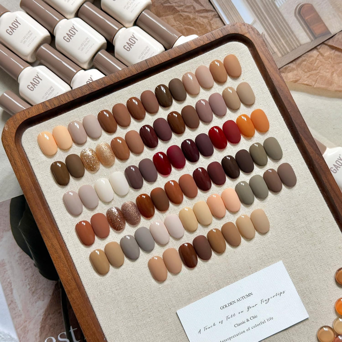 GAOY color swatch spread highlighting fall browns and reds for versatile looks