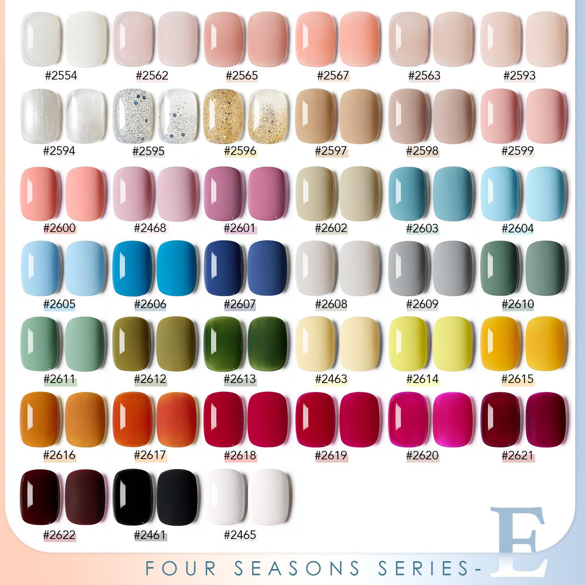 GAOY color swatch array displaying 39 gel shades to pick seasonal looks quickly