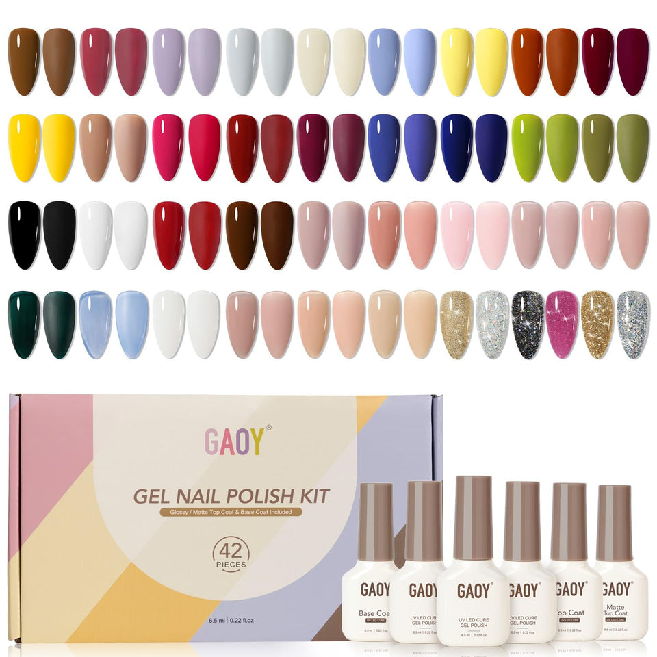 GAOY front packaging showing 42-piece gel set and all components for complete kits