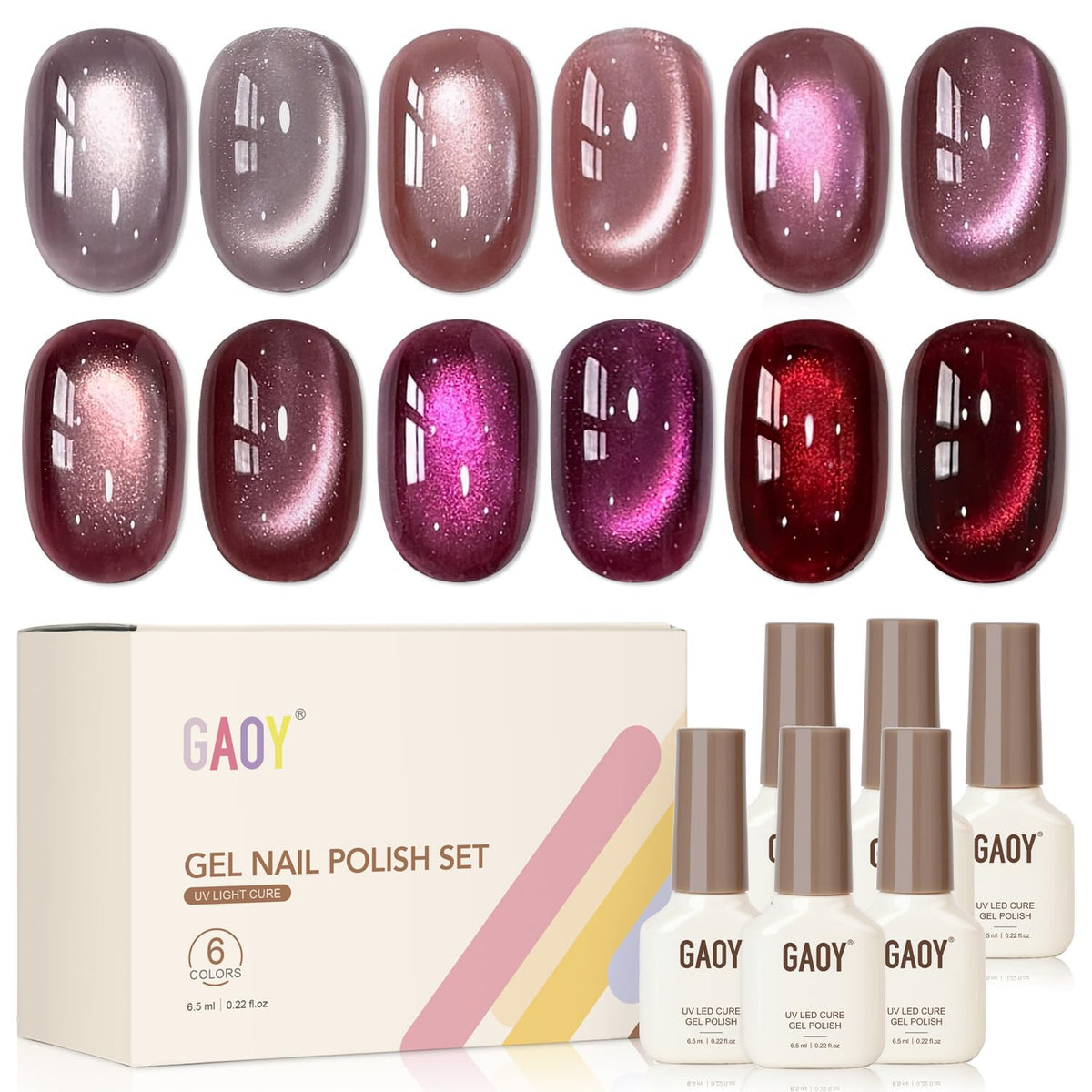 GAOY front packaging showing six colorful gel bottles and magnet for instant style