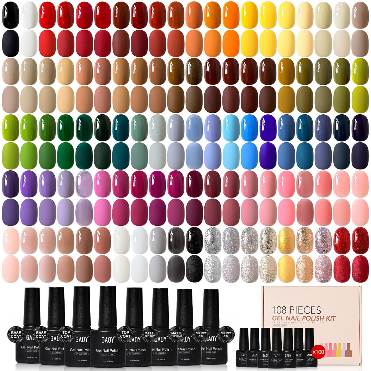 GAOY front packaging showing full 108-piece kit and organized display benefit organization