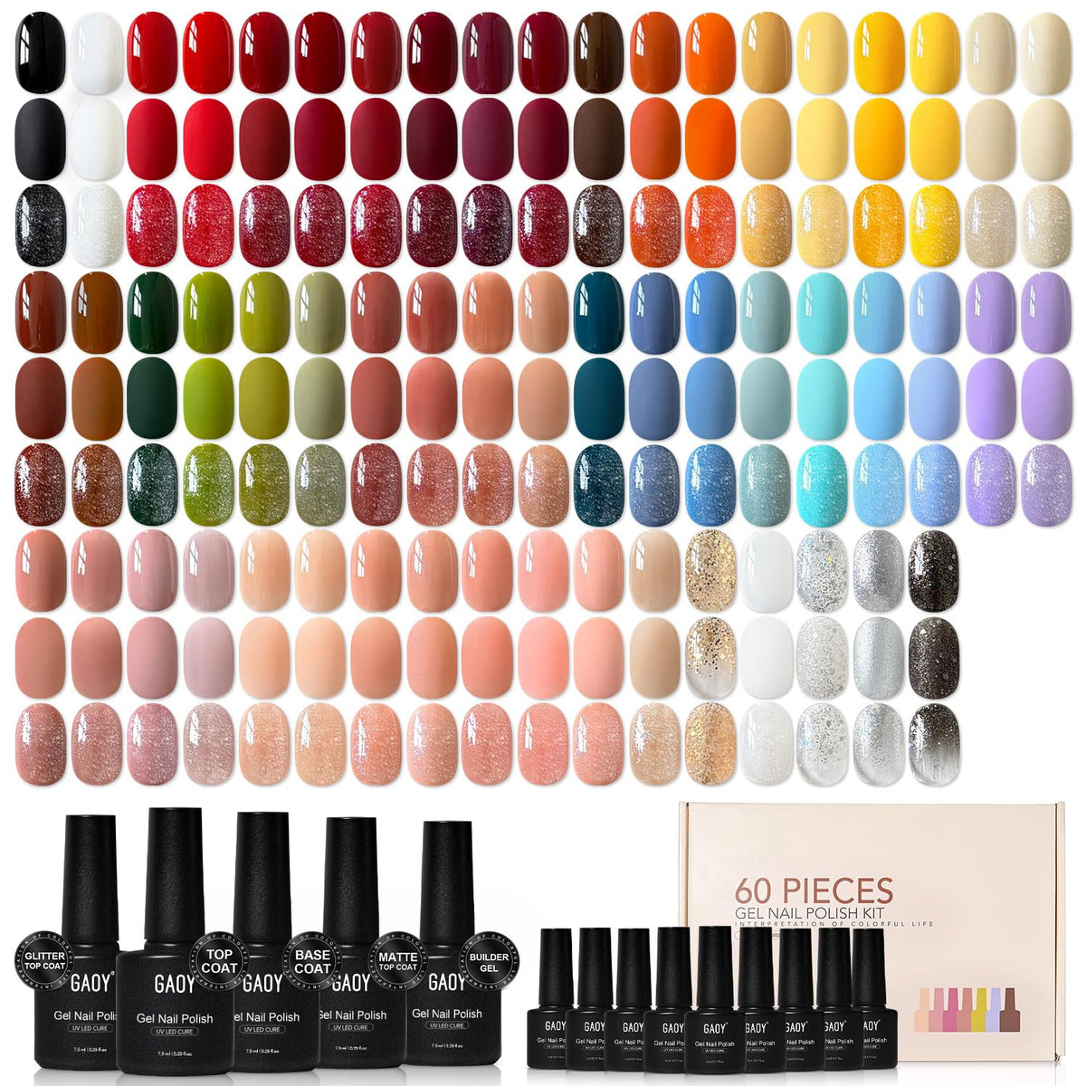 GAOY front packaging complete set showing all bottles and included essentials for at-home gel manicures