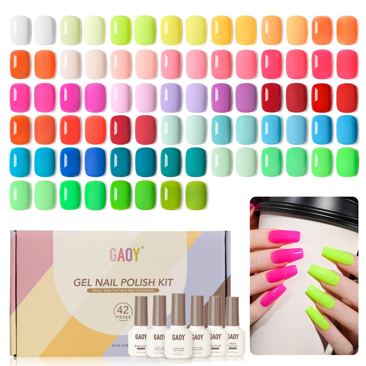 GAOY kit front packaging showing full set and included top coats for variety