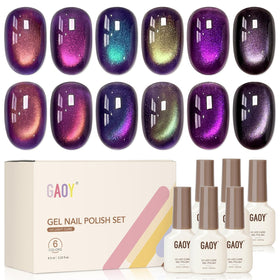 GAOY front packaging showing all six holographic gel bottles and magnet, attractive kit presentation