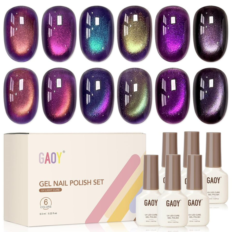 GAOY front packaging showing all six holographic gel bottles and magnet, attractive kit presentation