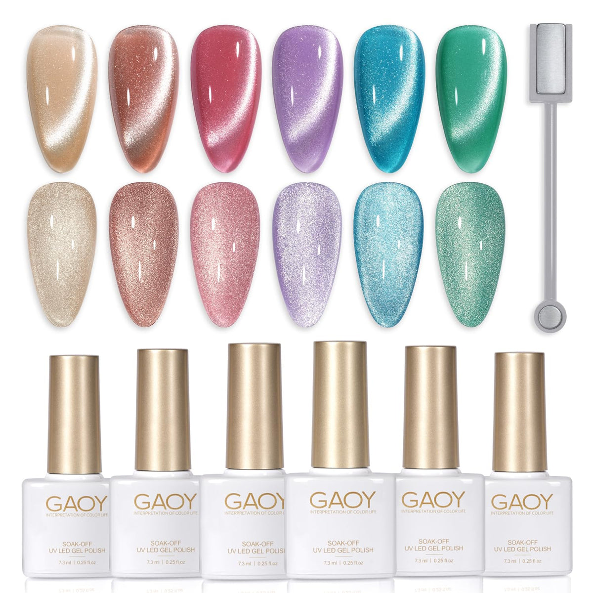 GAOY front packaging showing six glitter cat eye gels and magnet, professional kit benefit