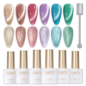 GAOY front packaging showing six glitter cat eye gels and magnet, professional kit benefit