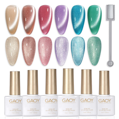 GAOY front packaging showing six glitter cat eye gels and magnet, professional kit benefit