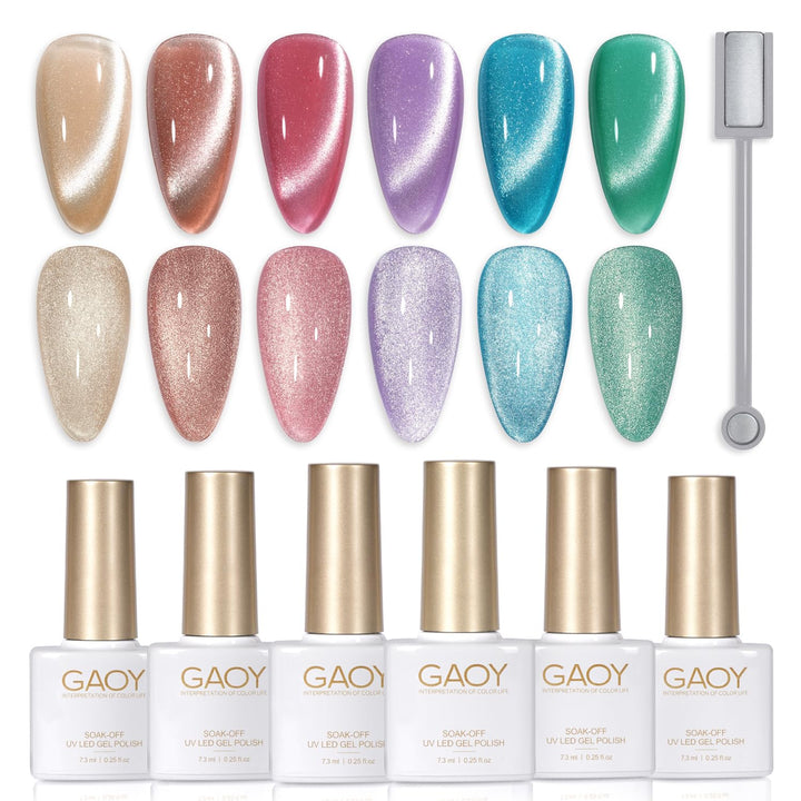 GAOY front packaging showing six glitter cat eye gels and magnet, professional kit benefit