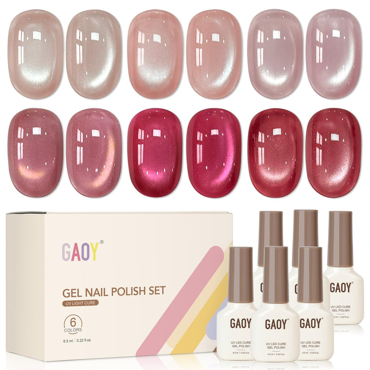 GAOY front packaging showing six pink cat-eye gel colors and magnet for easy selection