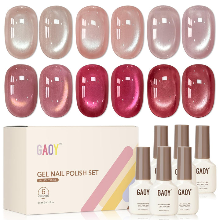 GAOY front packaging showing six pink cat-eye gel colors and magnet for easy selection