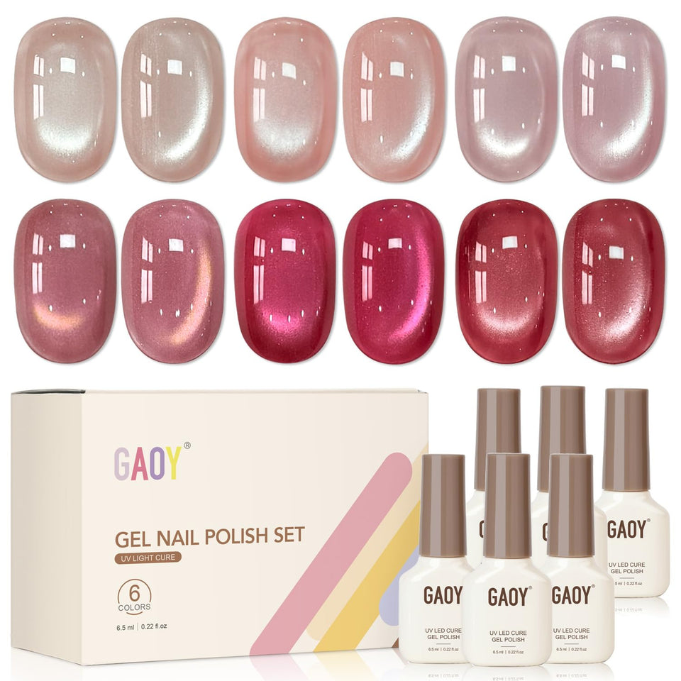 GAOY front packaging showing six pink cat-eye gel colors and magnet for easy selection