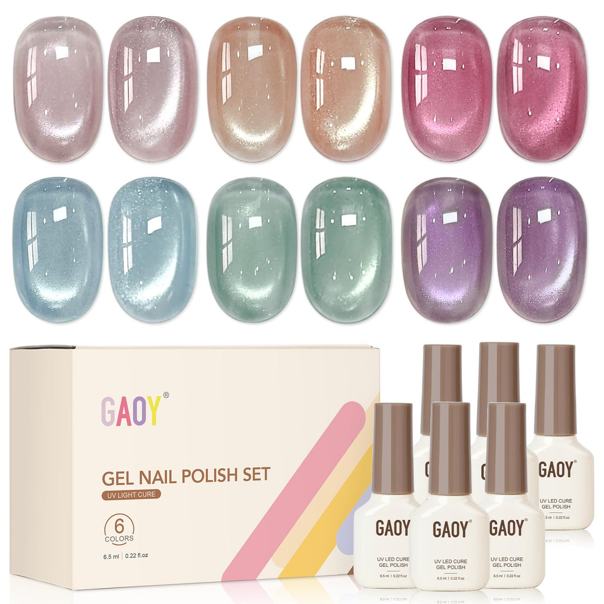 GAOY front packaging showing six glassy jelly gel colors and magnet, professional kit benefit