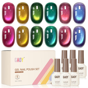 GAOY front packaging showing six glitter cat eye gel bottles, professional kit benefit