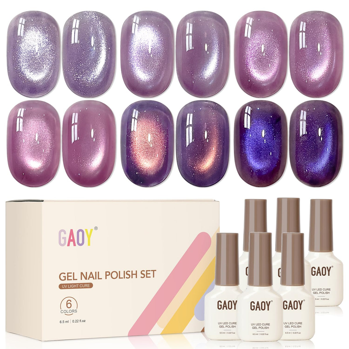 GAOY front packaging showing six jelly purple gels and magnet, perfect for salon-style nails