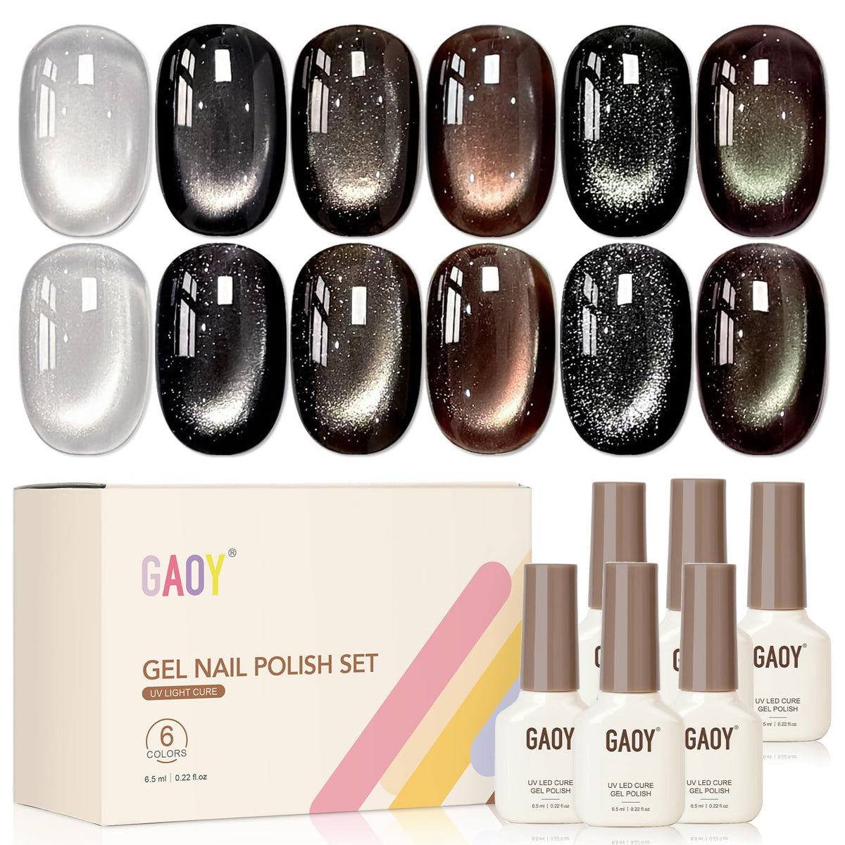 GAOY front packaging showing six gel bottles and magnet, professional kit benefit
