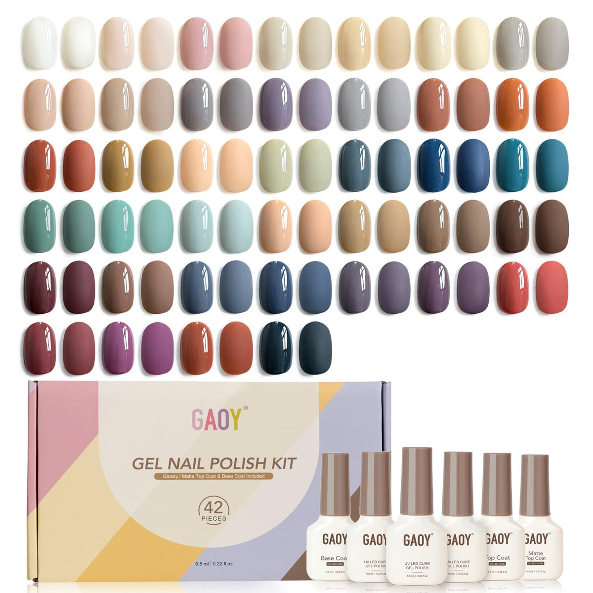GAOY front packaging showing complete 42-piece kit and included bottles, highlights full set benefit
