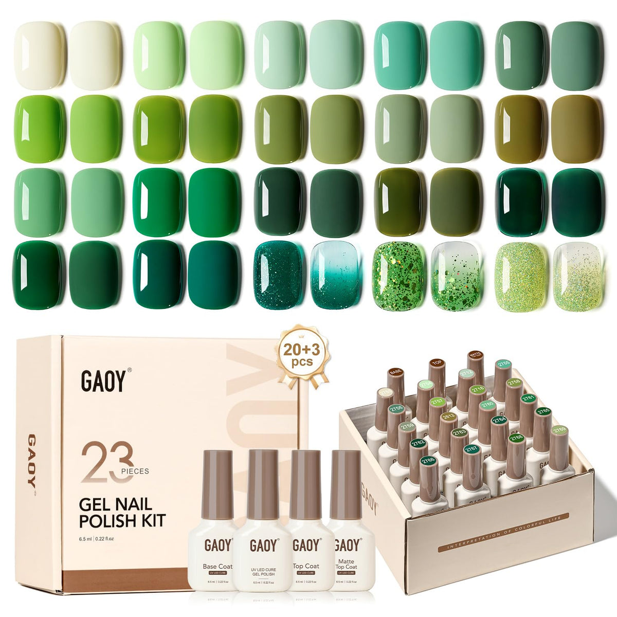 GAOY front packaging showing full 23-piece gel polish kit and benefits