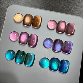GAOY front packaging showing six glitter cat eye polishes and magnet, clear kit benefit