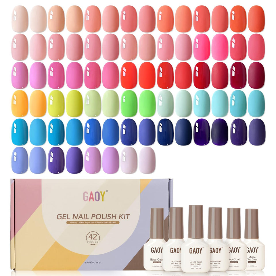 GAOY front packaging showing full 42-piece kit and included top/base coats for variety