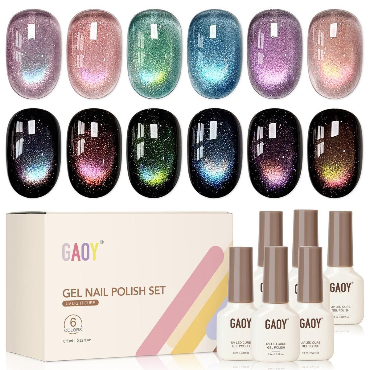 GAOY front packaging showing six holographic gel bottles and magnet, clear kit layout benefit