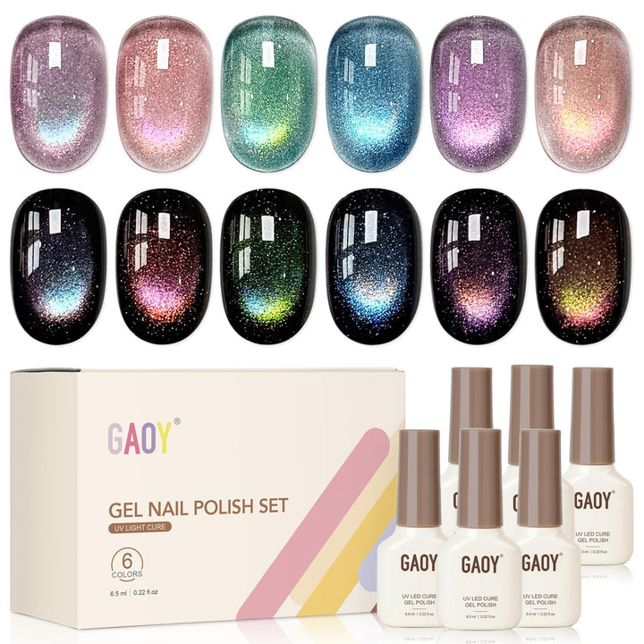 GAOY front packaging showing six holographic gel bottles and magnet, clear kit layout benefit