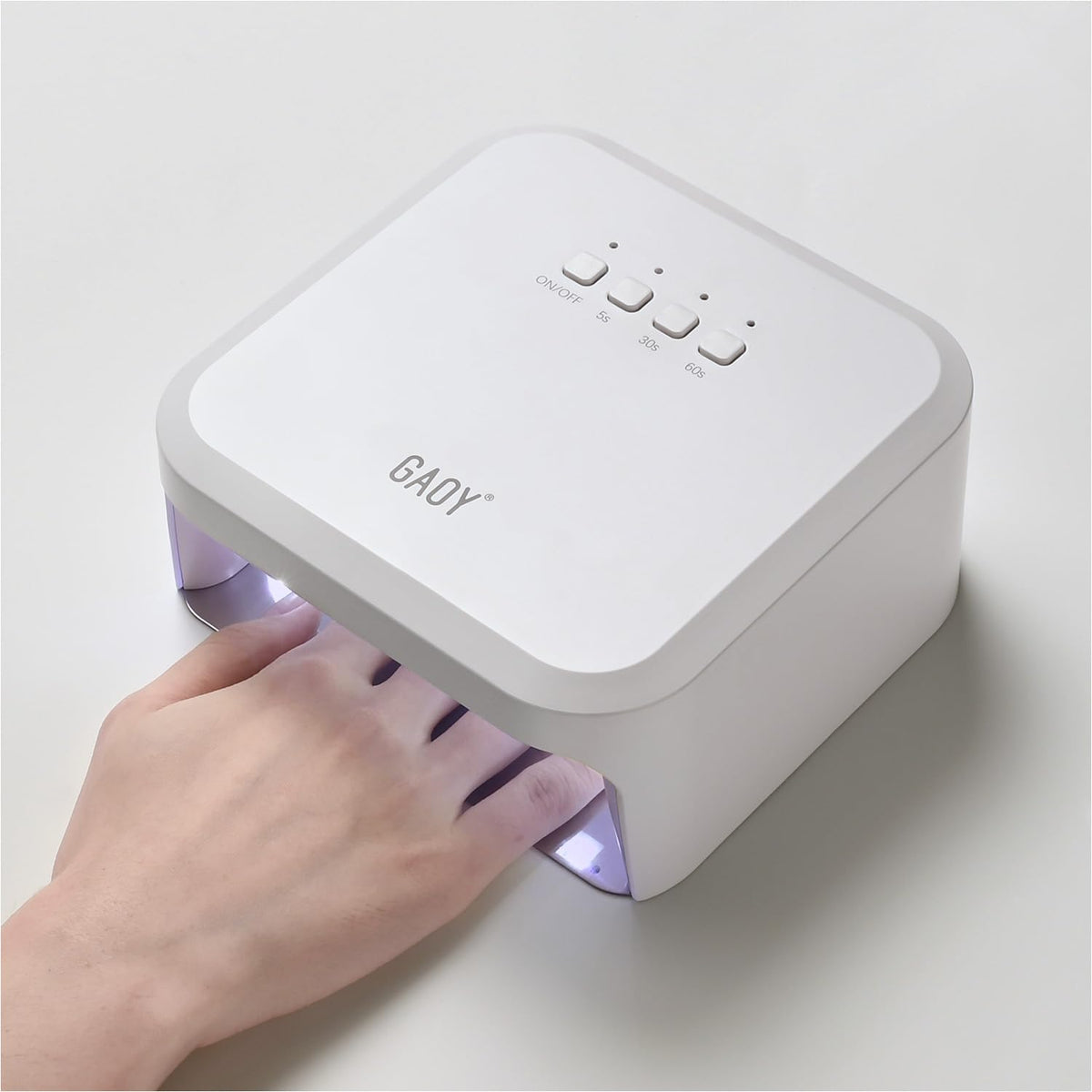 GAOY front view of white UV light lamp showing sleek design and fast curing benefit