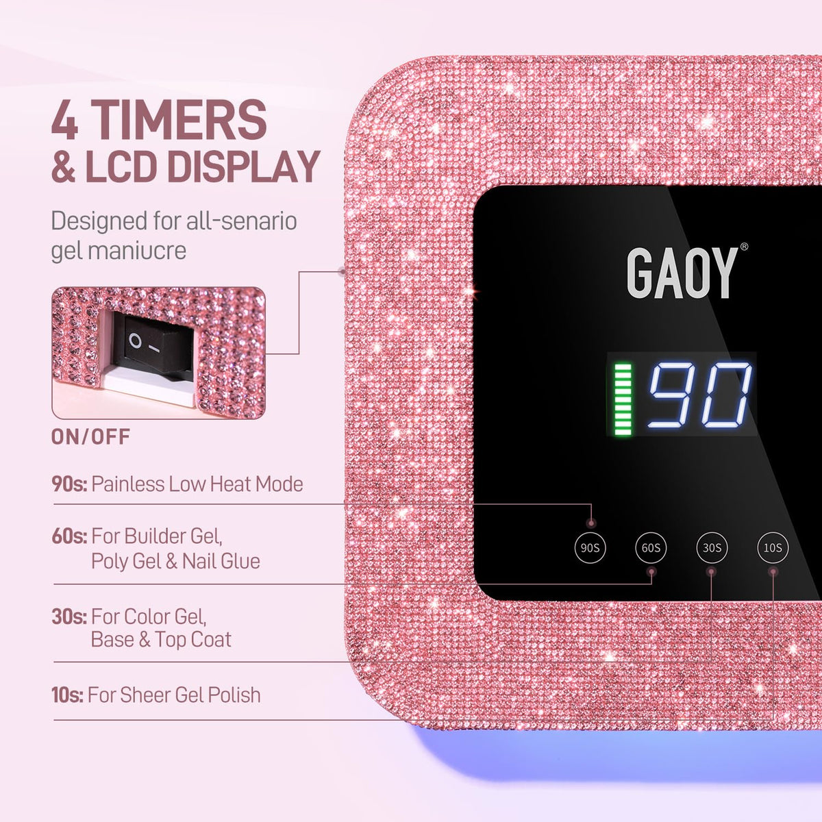 GAOY LCD display and battery indicator showing timers and long-lasting power