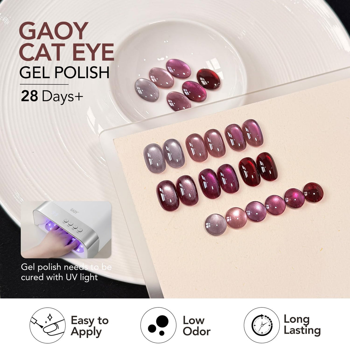 GAOY manicure setup on a table showing finished nails for salon-style convenience