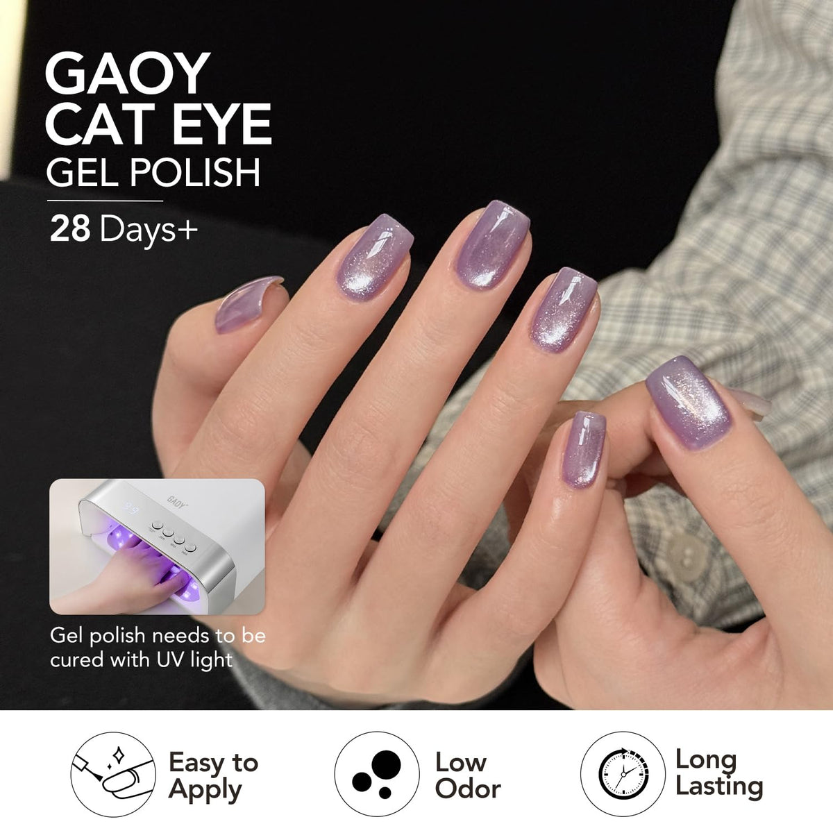 GAOY manicure on model in evening setting highlighting holographic sparkle and durability