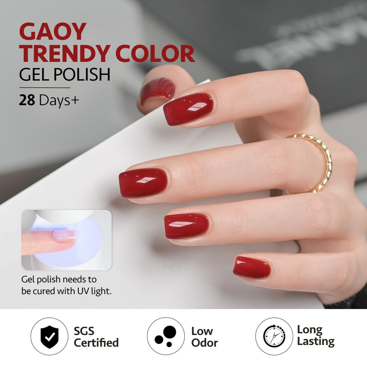 GAOY nails in use burgundy glitter manicure example showing salon-quality results