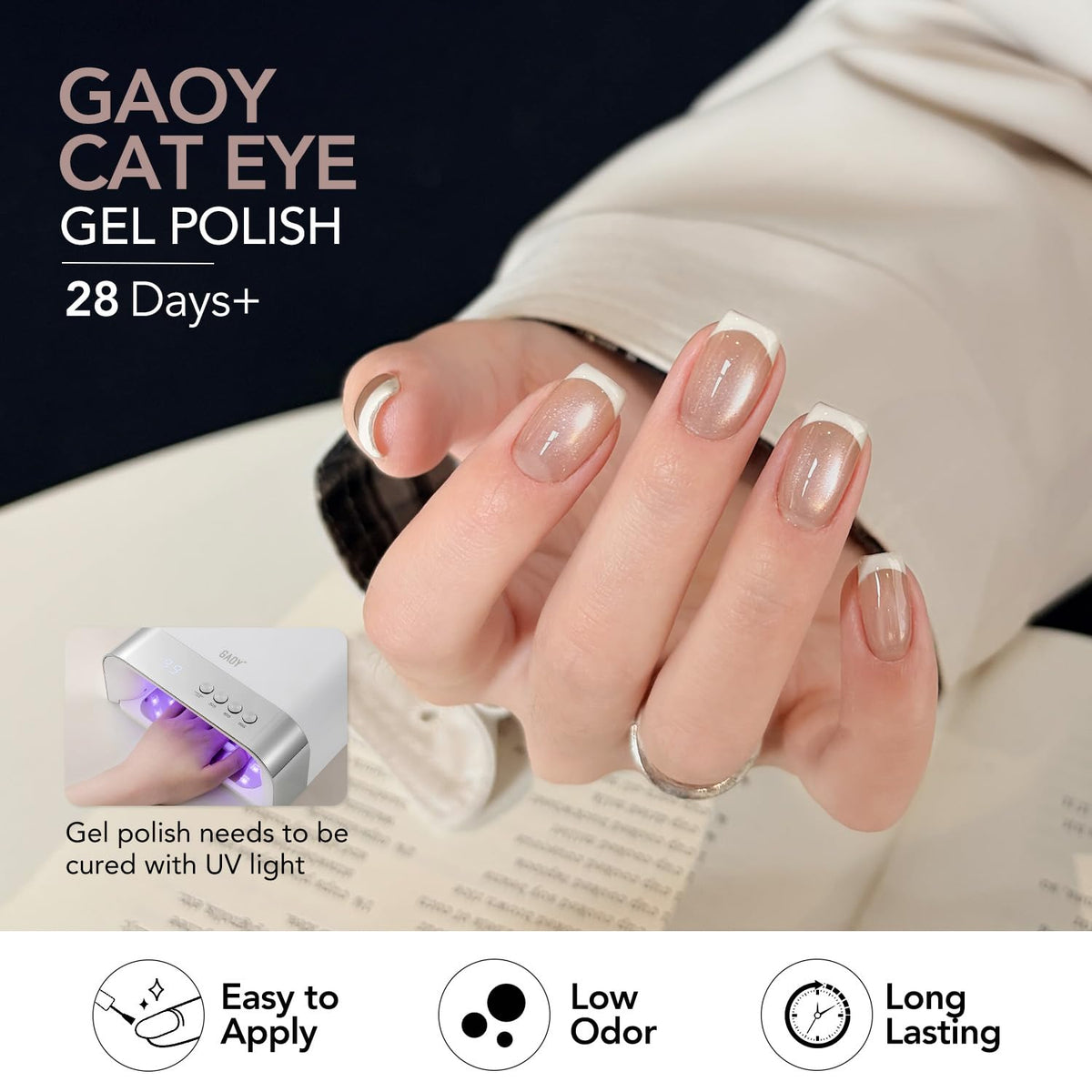GAOY bottle next to a hand for scale, shows compact 6.5ml size benefit
