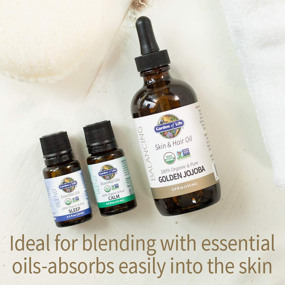 Garden of Life jojoba oil close-up label highlighting organic and cold-pressed quality