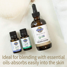 Garden of Life jojoba oil close-up label highlighting organic and cold-pressed quality